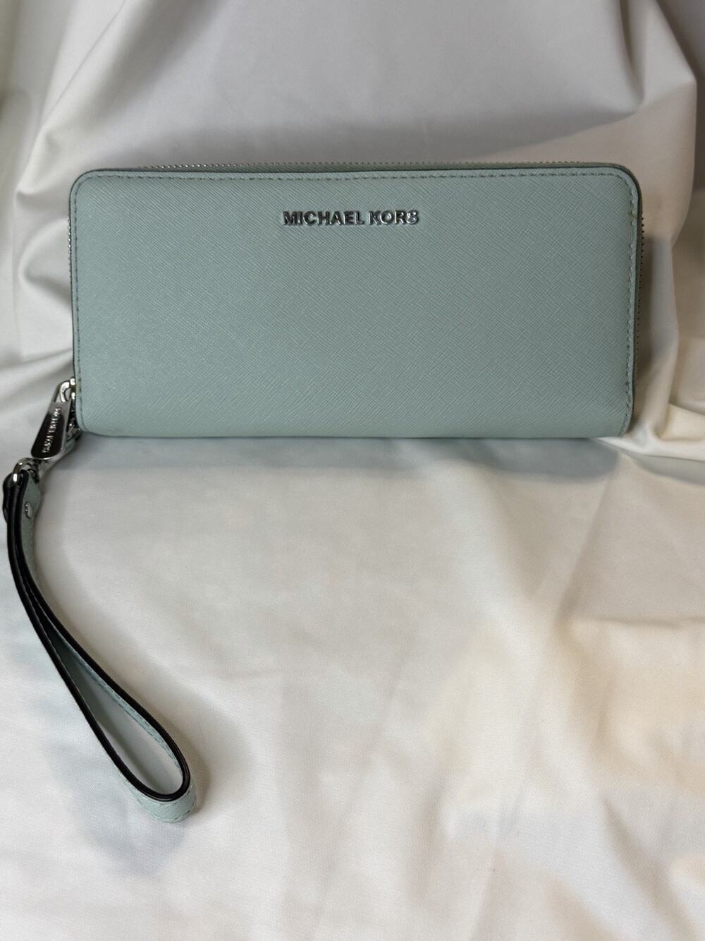 Michael Kors Light Blue Saffiano Leather Continental Zip Around Wallet Wristlet